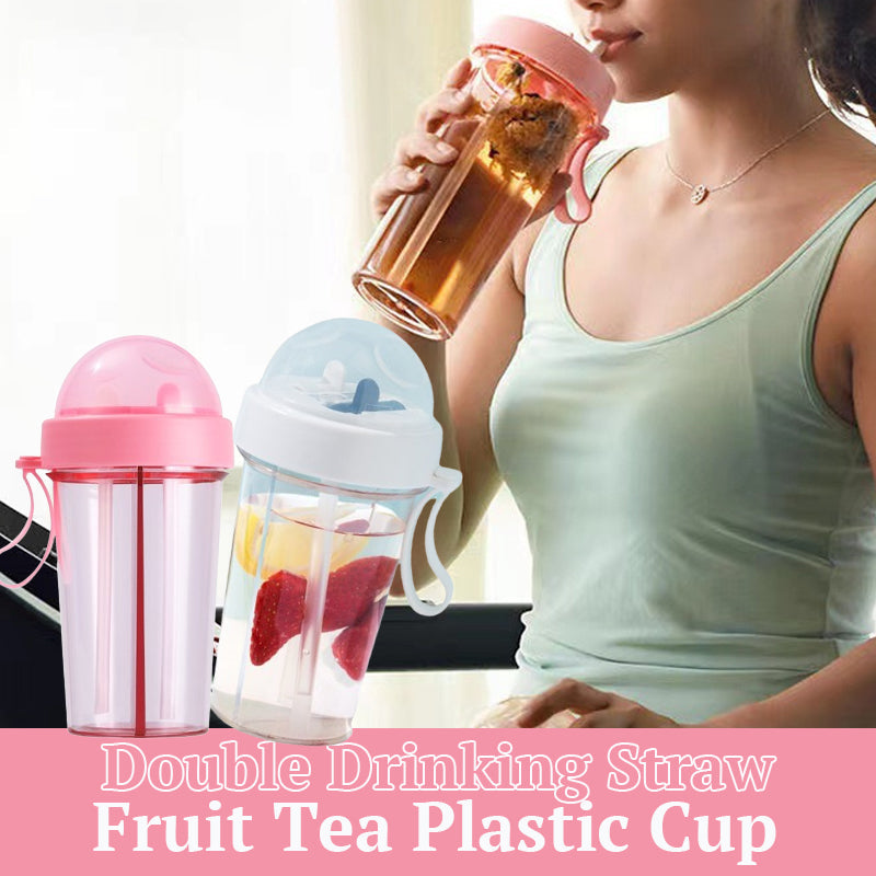 Double Drinking Straw Fruit Tea Plastic Cup