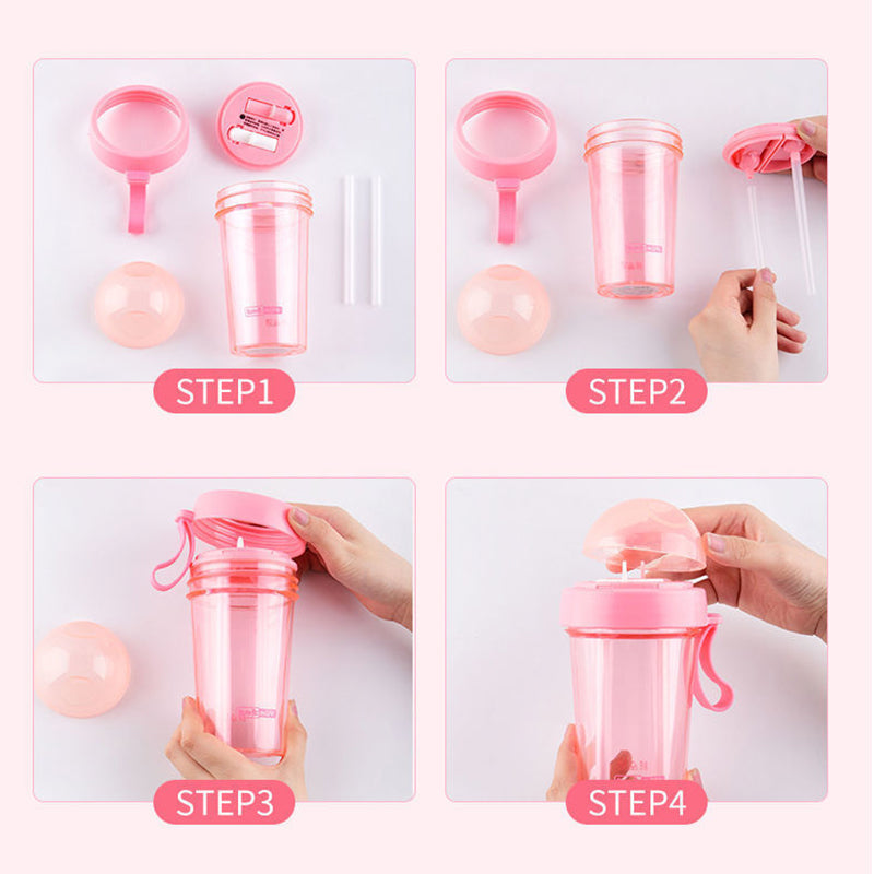 Double Drinking Straw Fruit Tea Plastic Cup